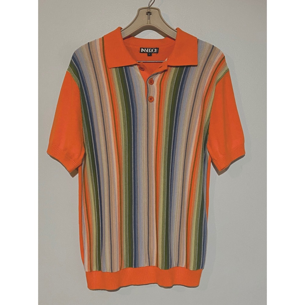 Vtg Knit‎ Johnny Collar Shirt Retro Mod Striped Polo sz Large Insearch